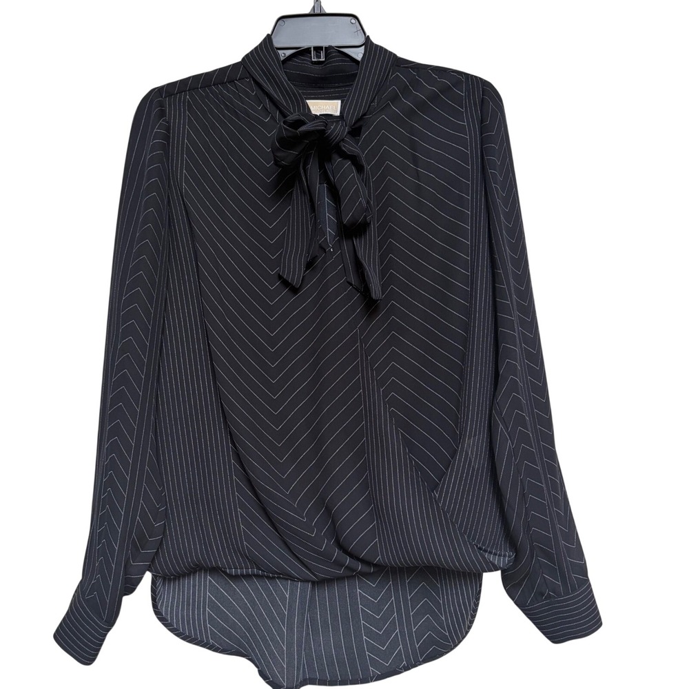Michael Michael Kors Womens Small Black Pinstripe Tie Neck Wrap Blouse Chiffon‎